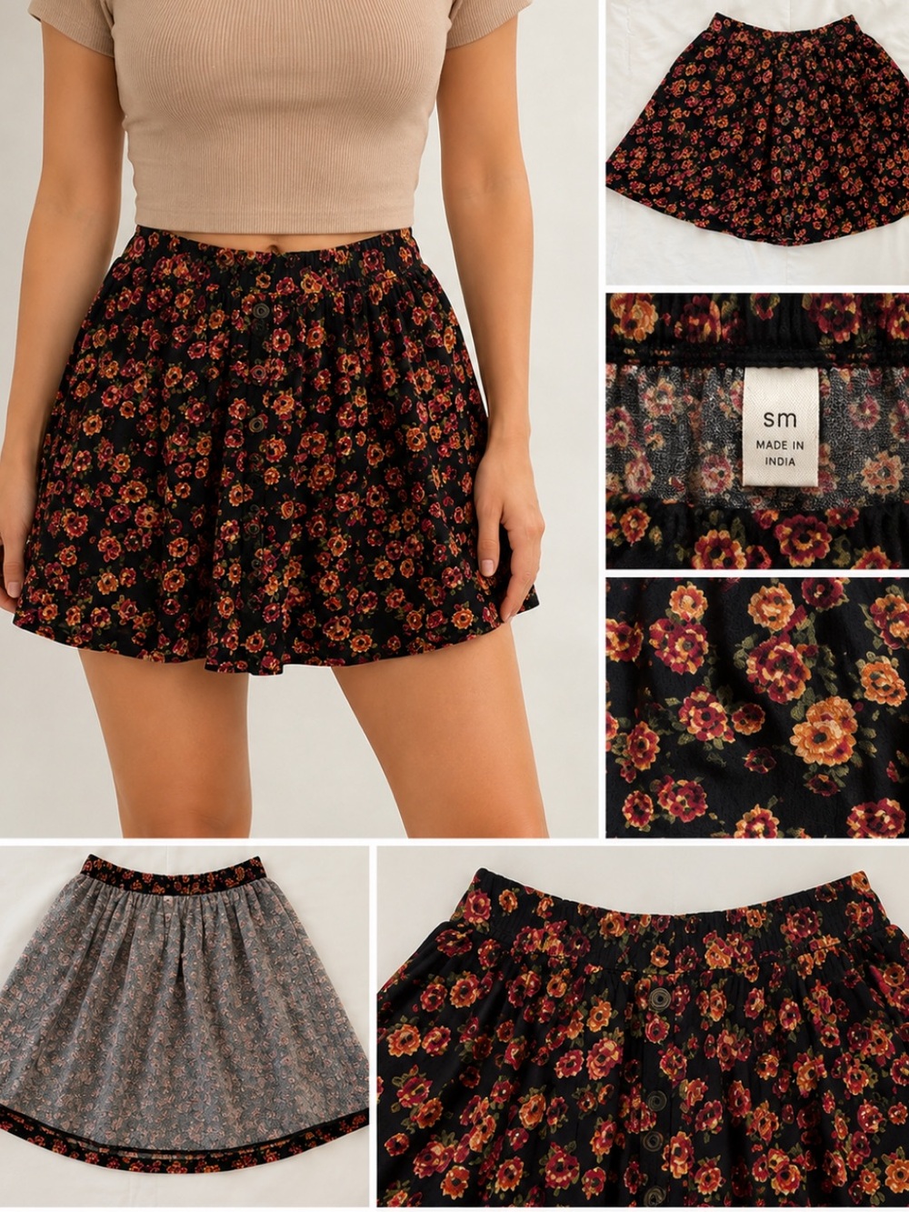 dELiA*s Black Floral Button-Front Skirt with Pink & Peach Roses Size Small